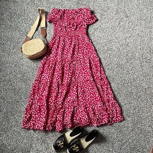 Floral pattern S dress red ruffles